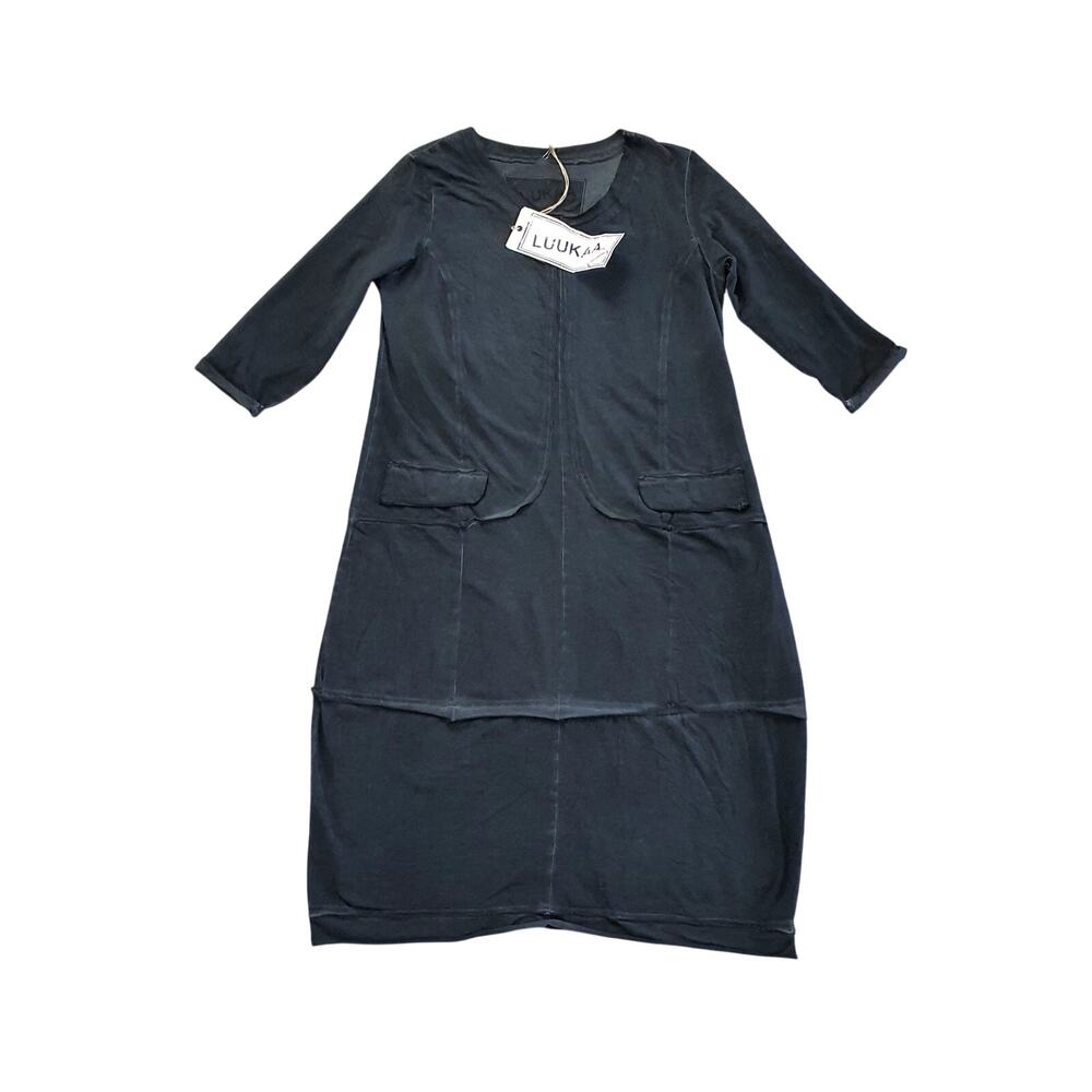Luukaa 3/4 Sleeve Patch Pockets Midi Dress Size Small Lagenlook Boho Minimalist